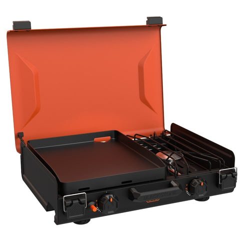 Blackstone OTG 14 Inch Griddle with Side Burner, Portable Propane Camping Griddle and Stove with Latching Hood