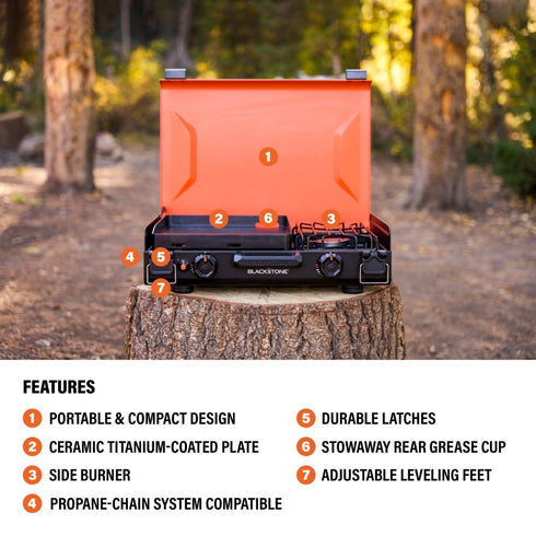 Blackstone OTG 14 Inch Griddle with Side Burner, Portable Propane Camping Griddle and Stove with Latching Hood