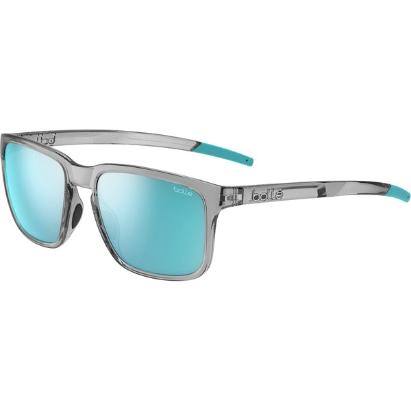 Bolle Score Sunglasses, Grey Crystal Lightweight Rectangular Frame with TNS Ice Cat 3 Mirror Lens, 22 g