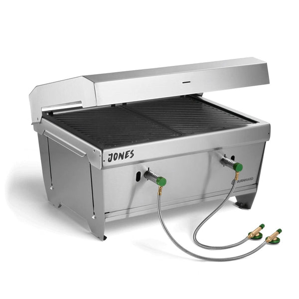 Burnhard JONES 2-Burner Folding Gas Grill, Portable Stainless Steel Camping BBQ with Lid, Carry Bag and Multitool