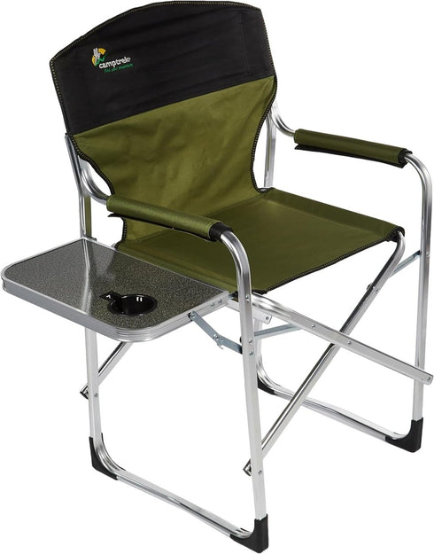 Camptrek Folding Director's Chair - Aluminum Frame, Side Table, Comfortable Fabric Seat - Versatile for Camping, Backstage, and Outdoor Dining