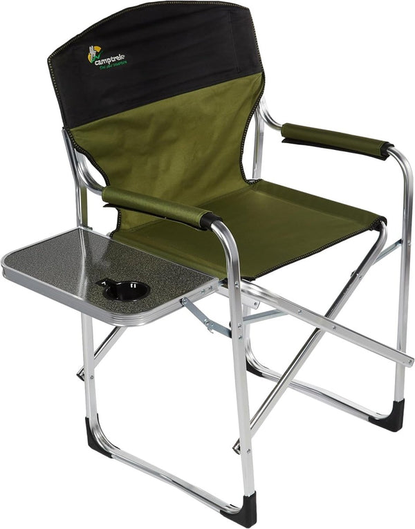 Camptrek Folding Director's Chair - Aluminum Frame, Side Table, Comfortable Fabric Seat - Versatile for Camping, Backstage, and Outdoor Dining