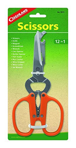 Coghlan's 12-in-1 Scissor 9575, a multi-tool featuring scissors with 11 other integrated functions for camping and emergency use.
