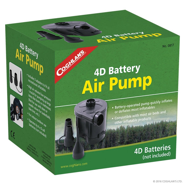 Coghlan's 4D Battery Powered Air Pump, a convenient electric pump powered by D-cell batteries for inflating camping gear.