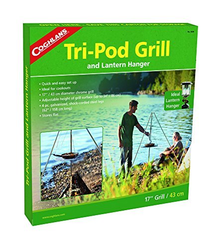 Coghlan's 9340 Tripod Grill with Lantern Hanger, a versatile campfire grill system with an adjustable tripod stand and lantern hook.