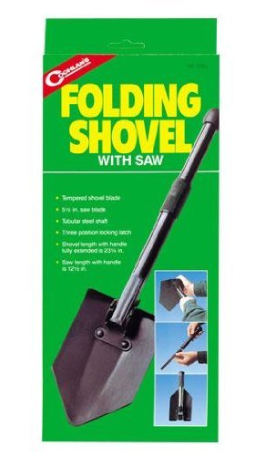 Coghlan's 9725 Folding Shovel with Saw, a multi-function tool that folds down, featuring both a shovel blade and a serrated saw edge.