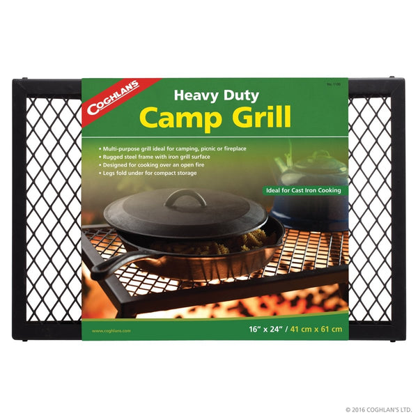 Coghlan's Heavy Duty Camp Grill, a sturdy, reliable steel grate grill designed for cooking directly over a campfire.