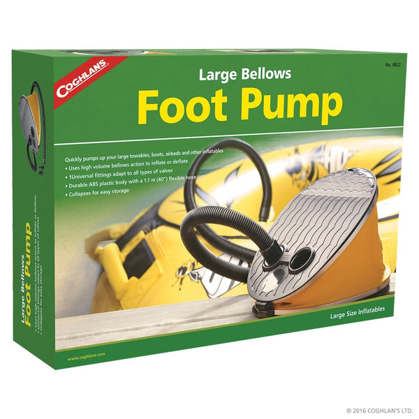 Coghlan's Large Bellows Foot Pump, a heavy-duty manual pump for rapid inflation of larger inflatable items like air mattresses and boats.