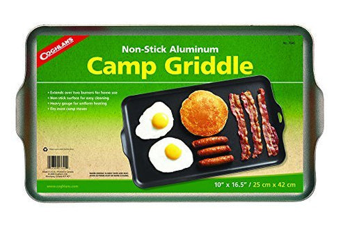 Coghlan's Nonstick Camp Griddle, a large, nonstick cooking surface designed to fit over a two-burner stove for preparing meals.