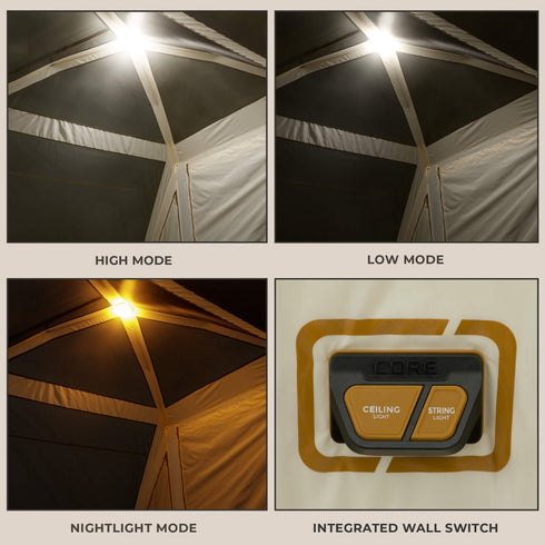 Core 10 Person Lighted Instant Pyramid Tent 16 x 9 ft, Family Cabin Tent with Built-In LED Lights