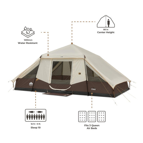 Core 10 Person Lighted Instant Pyramid Tent 16 x 9 ft, Family Cabin Tent with Built-In LED Lights