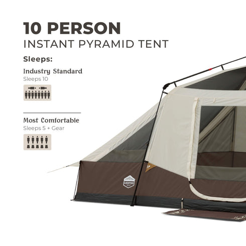 Core 10 Person Lighted Instant Pyramid Tent 16 x 9 ft, Family Cabin Tent with Built-In LED Lights