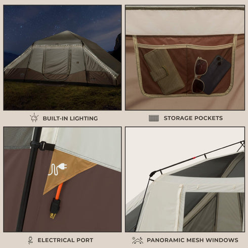 Core 10 Person Lighted Instant Pyramid Tent 16 x 9 ft, Family Cabin Tent with Built-In LED Lights