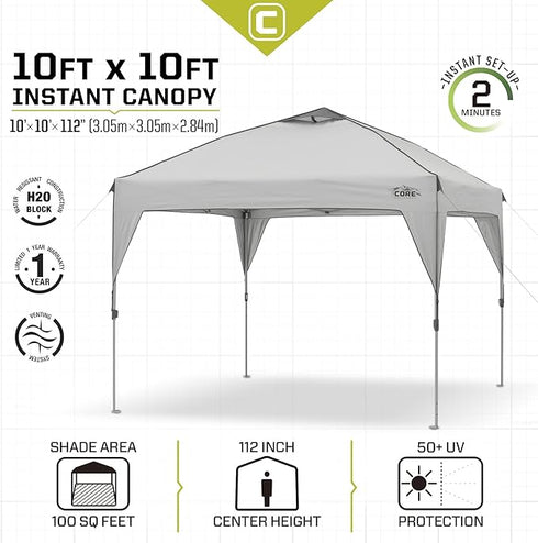 Core 10 x 10 Instant Camping Canopy - Spacious and Portable Shade Shelter