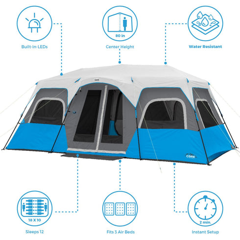 Core 12 Person Lighted Instant Cabin Tent 18 x 10 - Bright and Spacious Family Tent