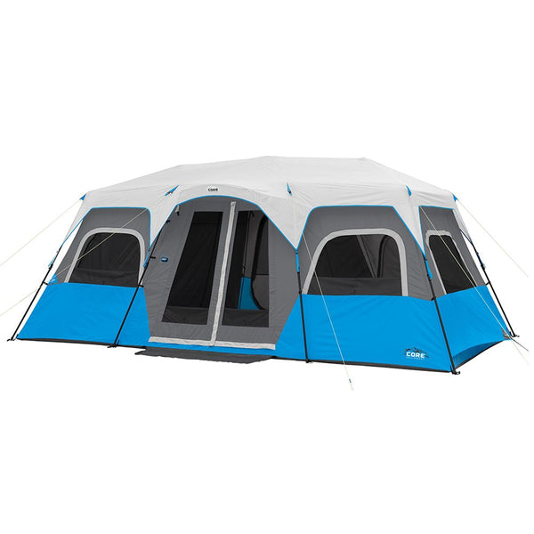 CORE 12 Person Lighted Instant Cabin Tent (18 x 10), a bright and spacious family tent with built-in LED illumination and instant setup.