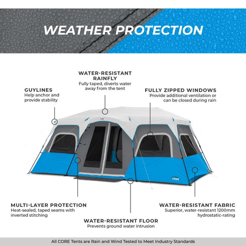Core 12 Person Lighted Instant Cabin Tent 18 x 10 - Bright and Spacious Family Tent