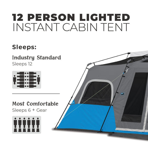 Core 12 Person Lighted Instant Cabin Tent 18 x 10 - Bright and Spacious Family Tent