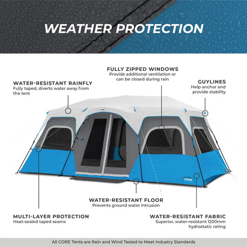 Core 12 Person Lighted Instant Cabin Tent 18 x 10 – Bright and Spacious Family Tent with Built - in LED Lighting