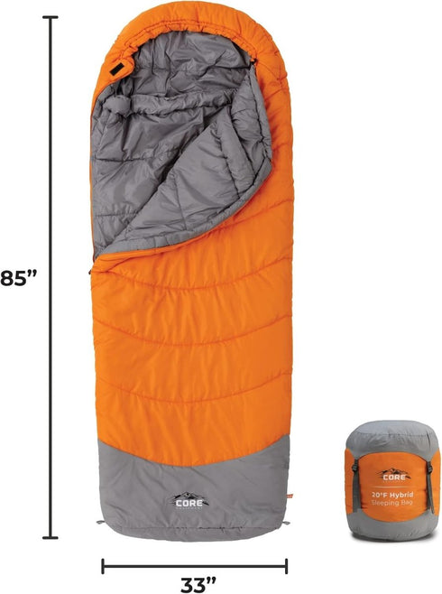 Core 20 Degree Hybrid Sleeping Bag – 1 Person - Versatile and Insulated Design for Cold Weather Camping