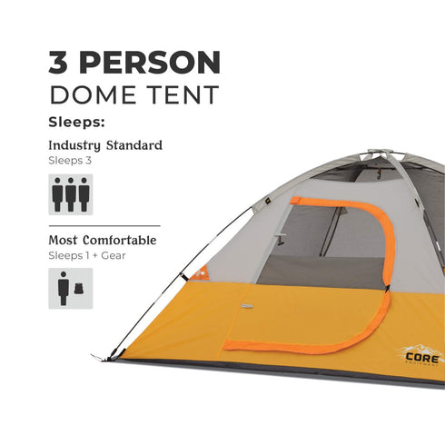 Core 3 Person Dome Tent 7 x 7 ft, Lightweight Camping Tent with H2O Block Weather Protection and Mesh Ceiling