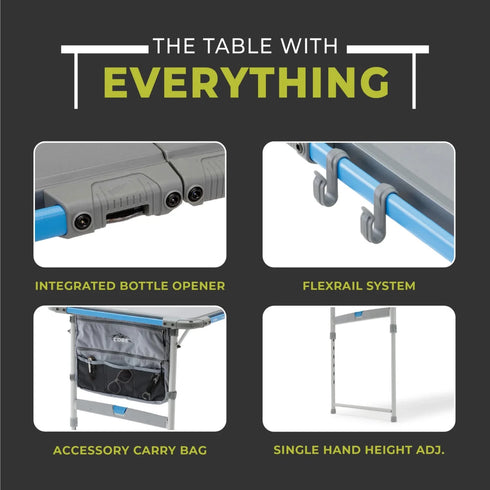 Core 4 Foot Outdoor Folding Table with FlexRail – Adjustable and Portable Table with Integrated Gear Storage