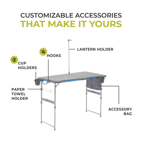 Core 4 Foot Outdoor Folding Table with FlexRail – Adjustable and Portable Table with Integrated Gear Storage