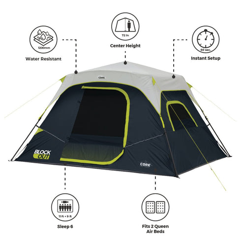 Core 6 Person Instant Blockout Dome Tent - Dark Room Technology for Better Sleep