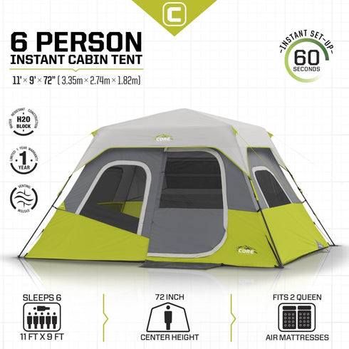 Core 6 Person Instant Cabin Tent 11 x 9 - Effortless Assembly for Families