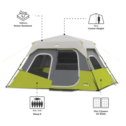 Core 6 Person Instant Cabin Tent 11 x 9 – Effortless Assembly for Families, 60 Second Setup