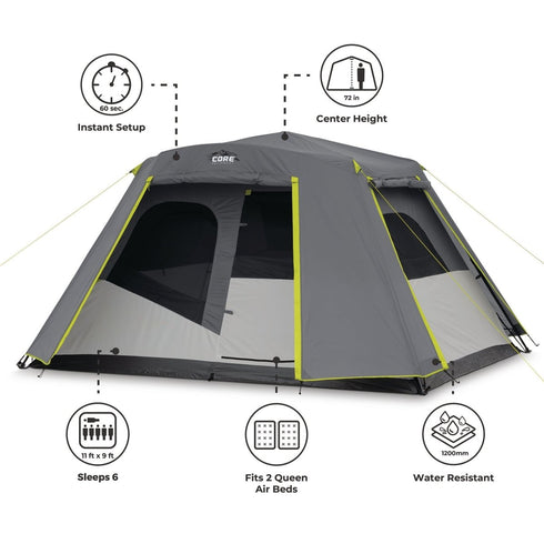 Core 6 Person Instant Cabin Tent with Full Rainfly - Weatherproof Protection