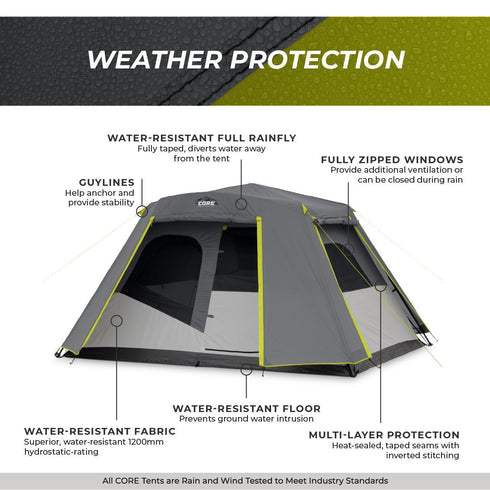 Core 6 Person Instant Cabin Tent with Full Rainfly - Weatherproof Protection