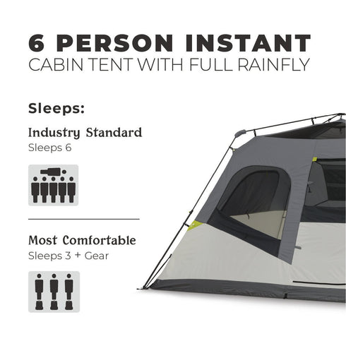 Core 6 Person Instant Cabin Tent with Full Rainfly - Weatherproof Protection