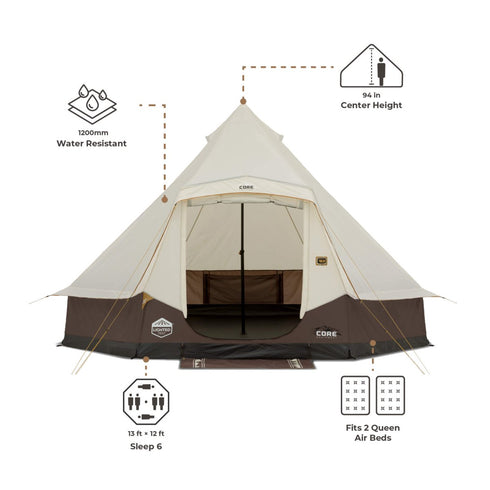 Core 6 Person Lighted Bell Tent 13 x 12 ft, Family Camping Tent with Built-In String Lights and Steel Poles