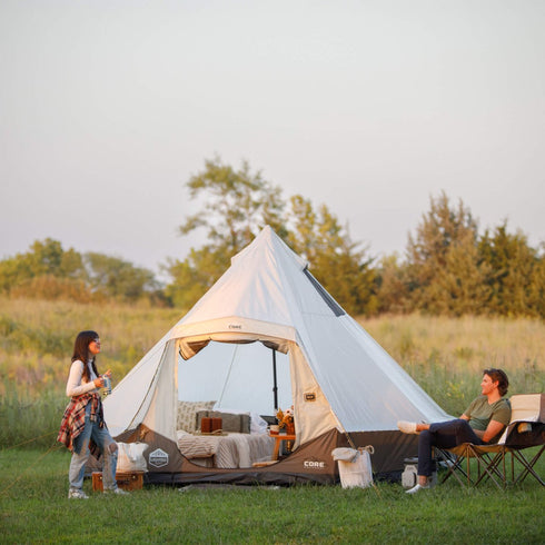 Core 6 Person Lighted Bell Tent 13 x 12 ft, Family Camping Tent with Built-In String Lights and Steel Poles