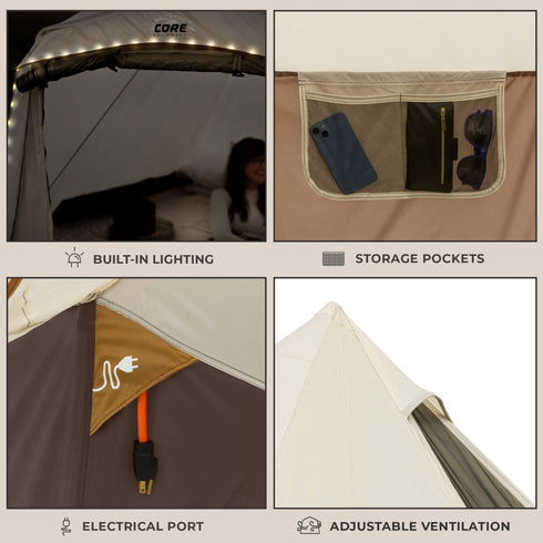 Core 6 Person Lighted Bell Tent 13 x 12 ft, Family Camping Tent with Built-In String Lights and Steel Poles
