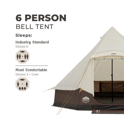 Core 6 Person Lighted Bell Tent 13 x 12 ft, Family Camping Tent with Built-In String Lights and Steel Poles