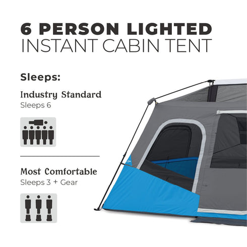 Core 6 Person Lighted Instant Cabin Tent 11 x 9 - Built - In Lighting for Convenience