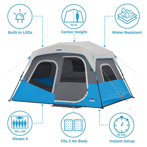 Core 6 Person Lighted Instant Cabin Tent 11 x 9 - Built - In Lighting for Convenience