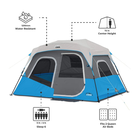 Core 6 Person Lighted Instant Cabin Tent 11 x 9 – Built - In Lighting for Convenience, Quick Setup