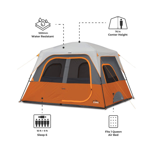 Core 6 Person Straight Wall Cabin Tent 10 x 9 – Family - Friendly Cabin Tent with Maximum Headroom