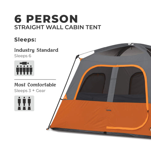 Core 6 Person Straight Wall Cabin Tent 10 x 9 – Family - Friendly Cabin Tent with Maximum Headroom