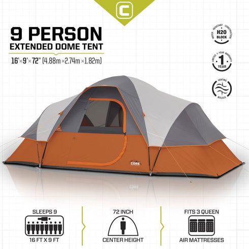 Core 9 Person Extended Dome Tent 16 x 9 - Large Capacity Dome Tent