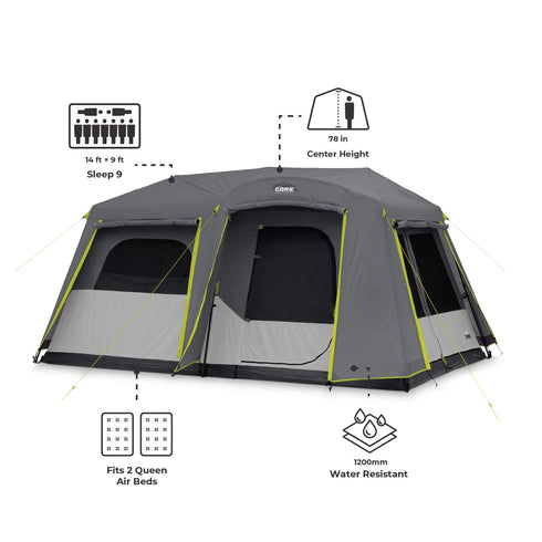 Core 9 Person Instant Cabin Tent with Full Rainfly – Enhanced Weather Resistance, Quick Setup