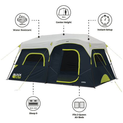 Core 9 Person Instant Blockout Dome Tent - Light - Blocking Family Tent