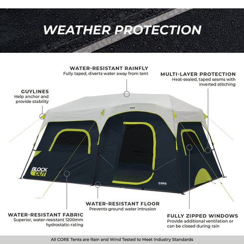 Core 9 Person Instant Blockout Dome Tent - Light - Blocking Family Tent