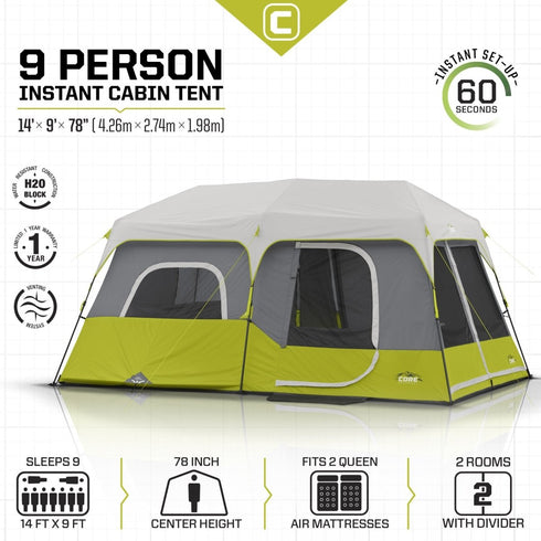 Core 9 Person Instant Cabin Tent 14 x 9 - Spacious and Convenient Cabin Tent