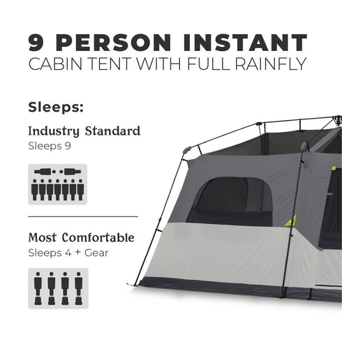 Core 9 Person Instant Cabin Tent with Full Rainfly - Enhanced Weather Resistance