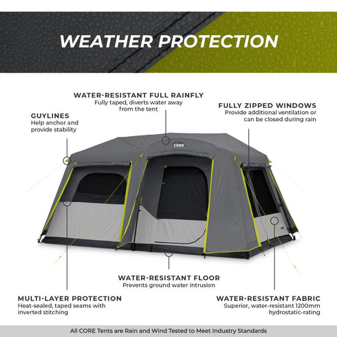 Core 9 Person Instant Cabin Tent with Full Rainfly - Enhanced Weather Resistance
