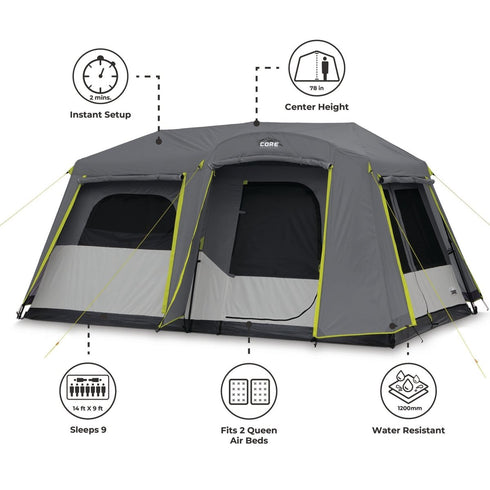 Core 9 Person Instant Cabin Tent with Full Rainfly - Enhanced Weather Resistance